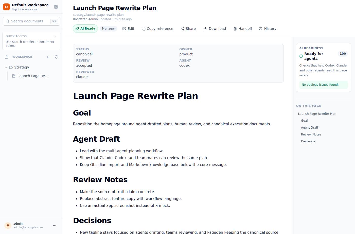 Pageden workspace showing a canonical planning document, comments, history, and AI readiness panel