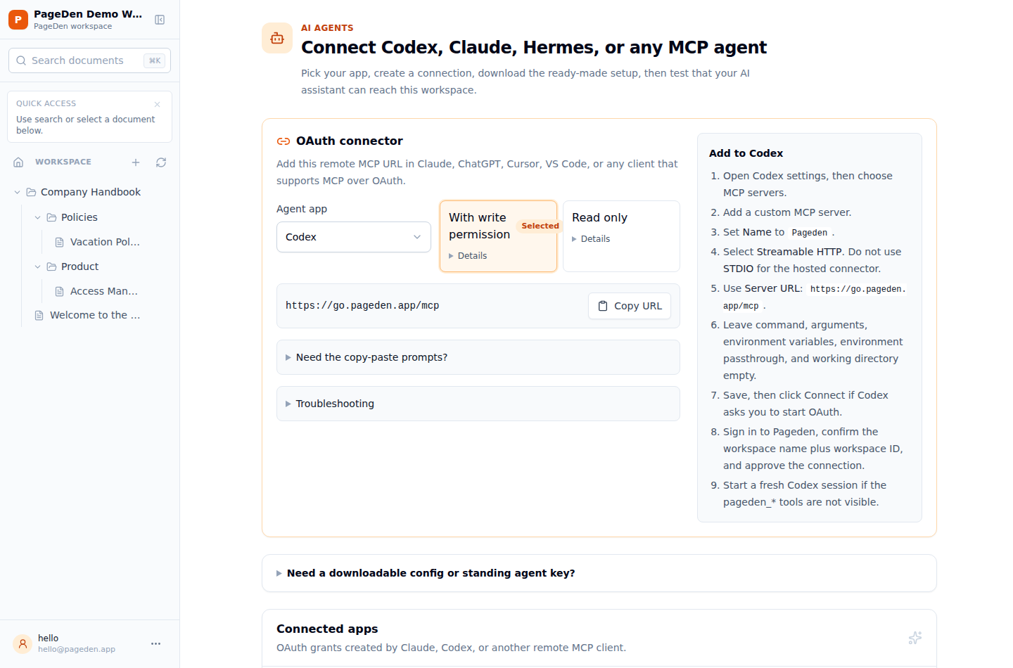 Pageden AI agents setup page with governed MCP access controls