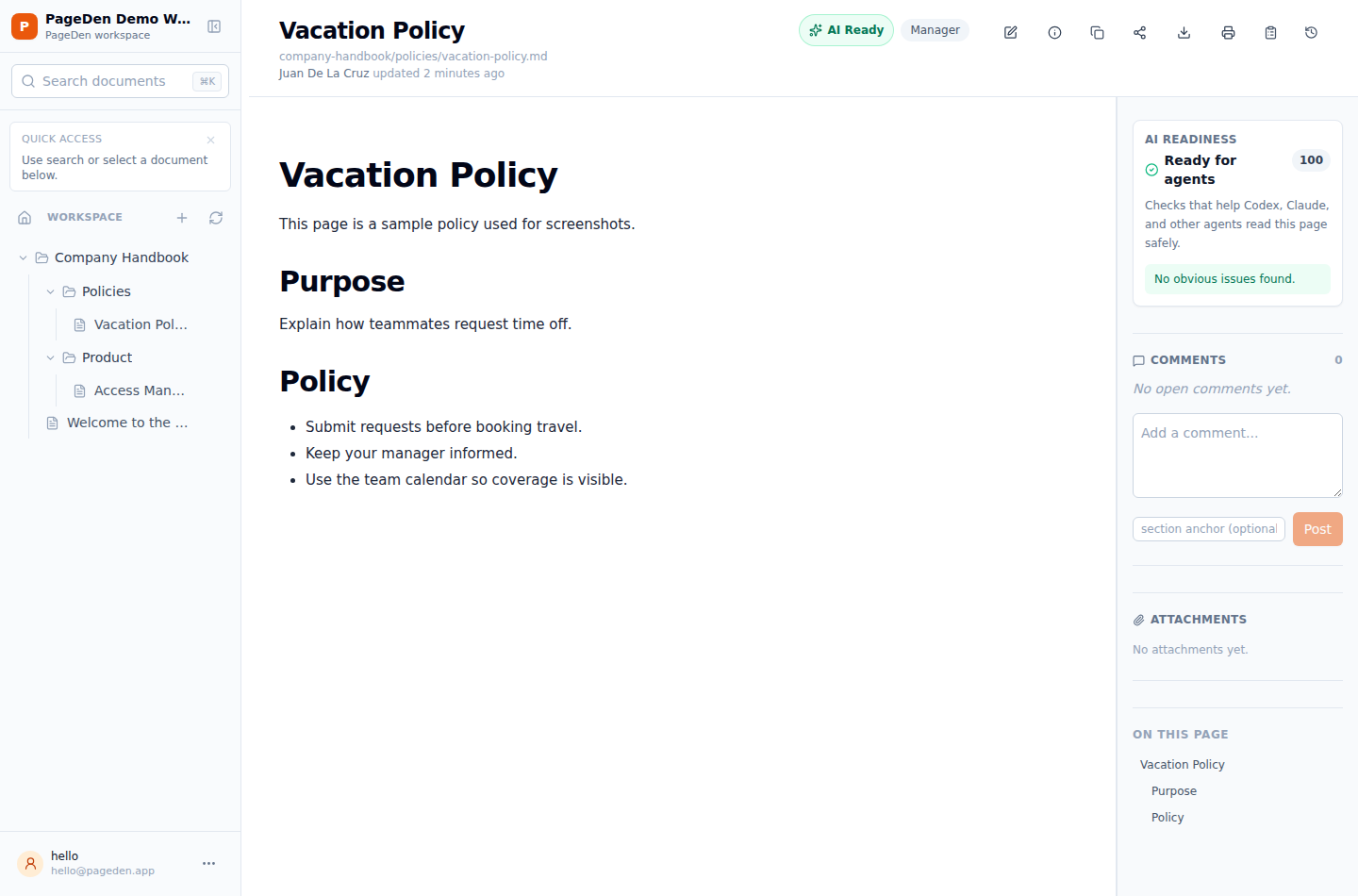 Pageden document page showing an agent-drafted planning document with comments and AI readiness